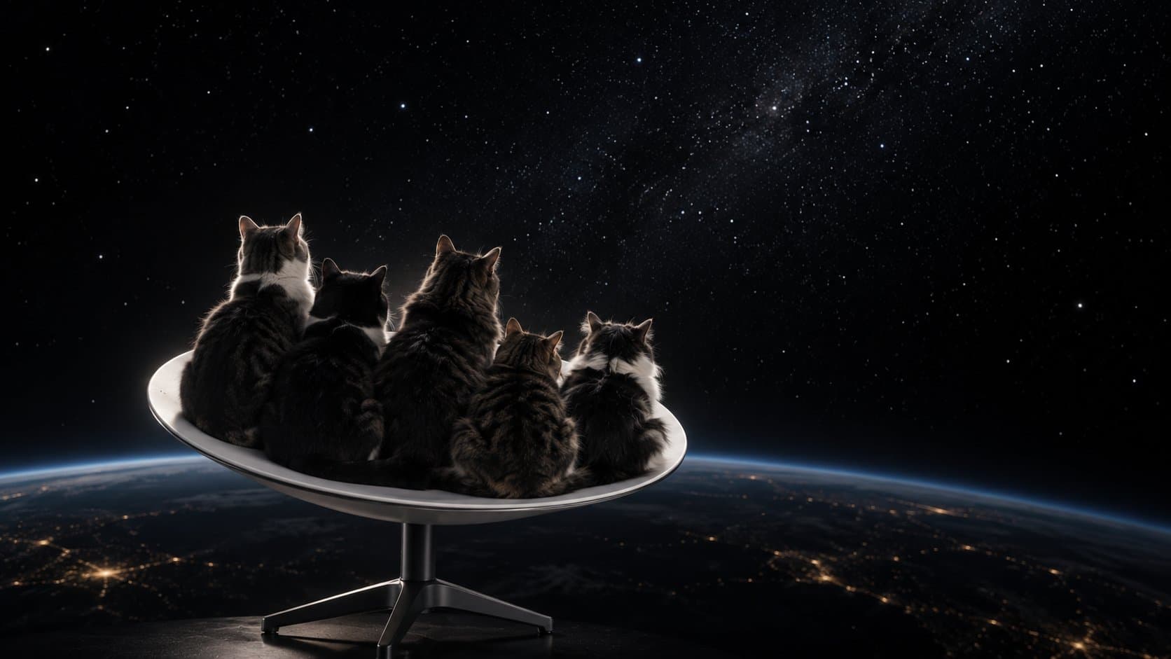 Five cats on a Starlink dish, looking out at Earth from orbit