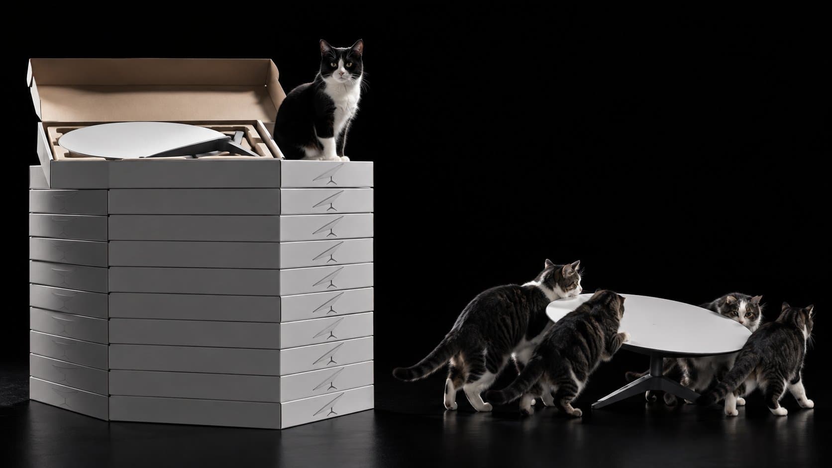 A cat on a stack of Starlink kit boxes while more cats inspect an open dish