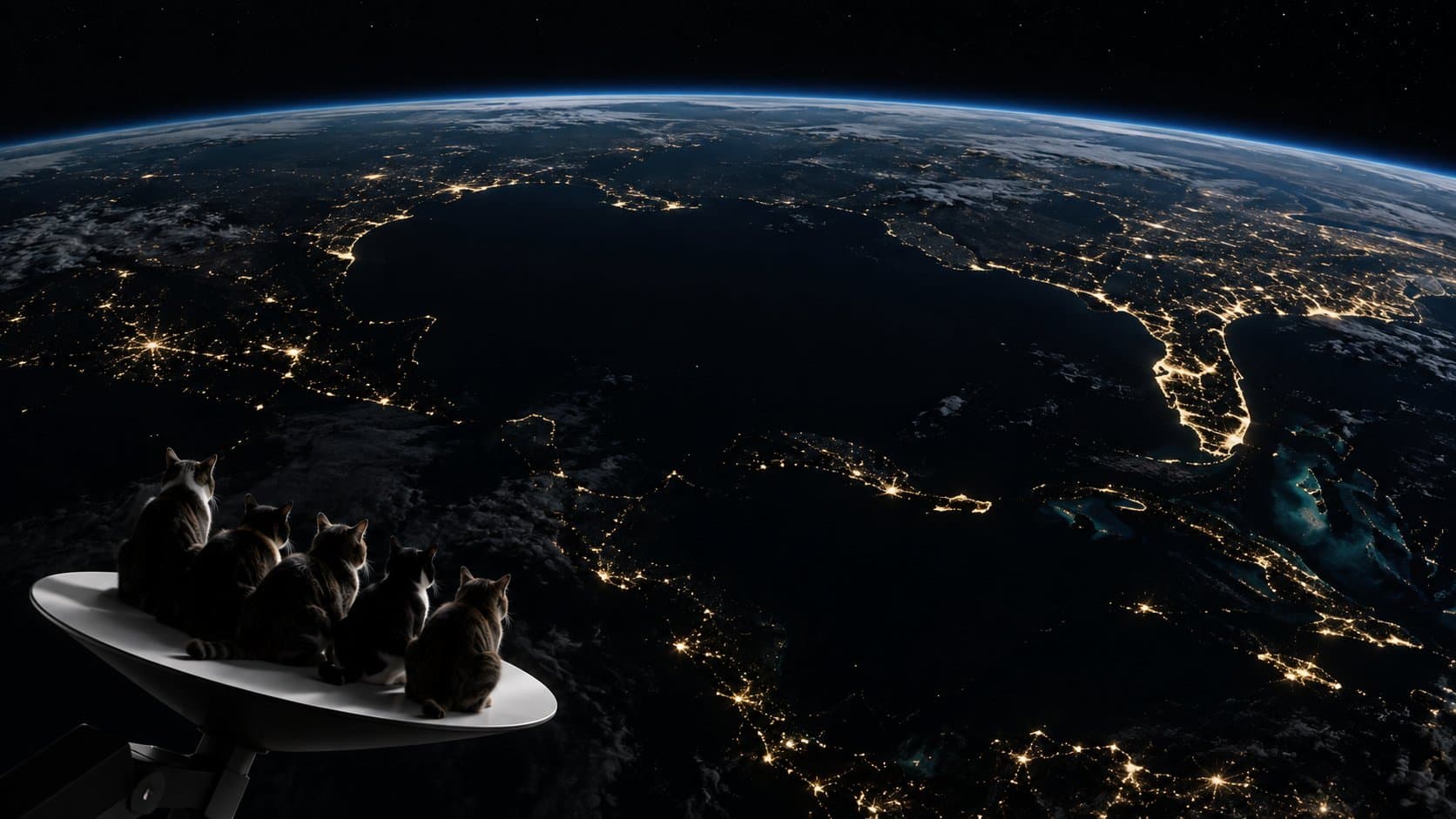 Five cats on a Starlink dish, looking down at city lights from orbit